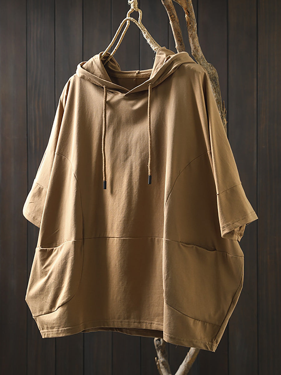 Shirt Women Summer Casual 100%Cotton Pure Color Hooded