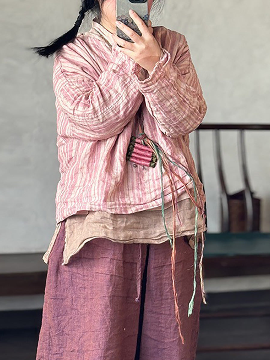 Retro Summer Women Shirt V-Neck Stripe Linen