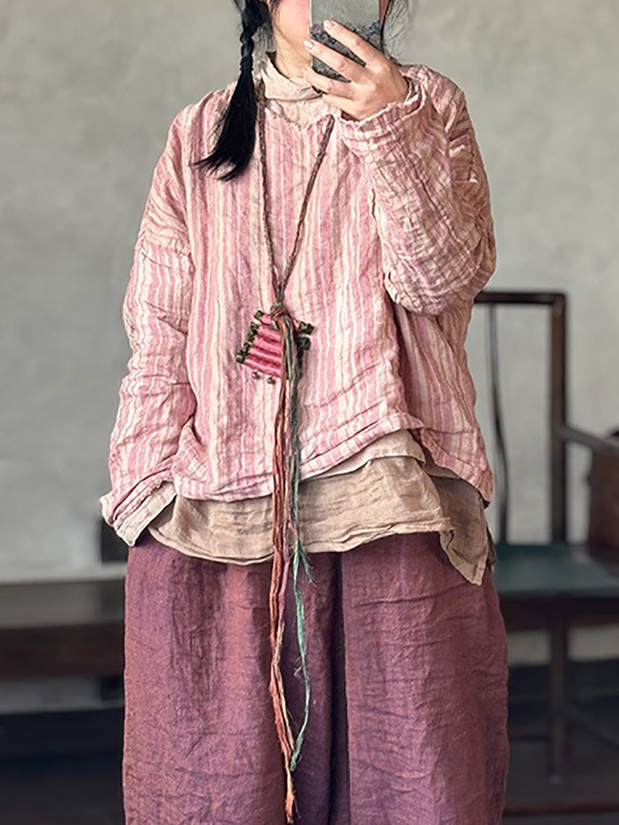 Retro Summer Women Shirt V-Neck Stripe Linen