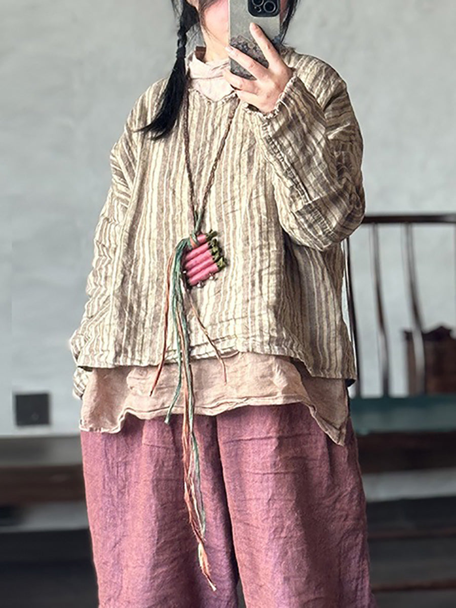 Retro Summer Women Shirt V-Neck Stripe Linen