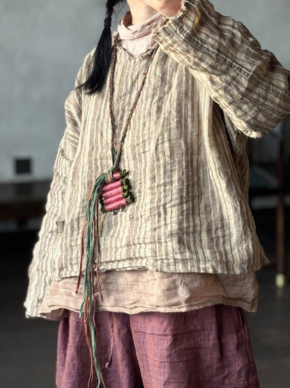 Retro Summer Women Shirt V-Neck Stripe Linen