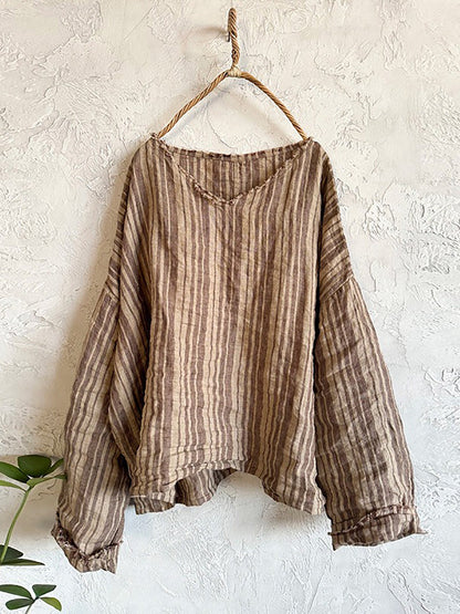 Retro Summer Women Shirt V-Neck Stripe Linen