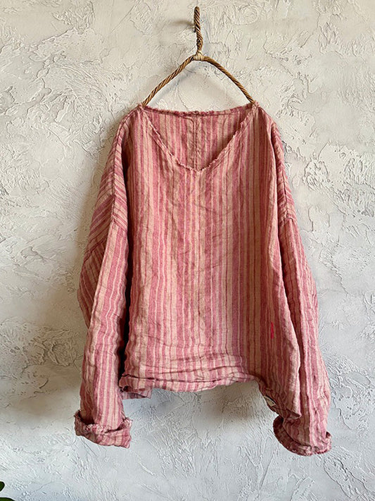 Retro Summer Women Shirt V-Neck Stripe Linen