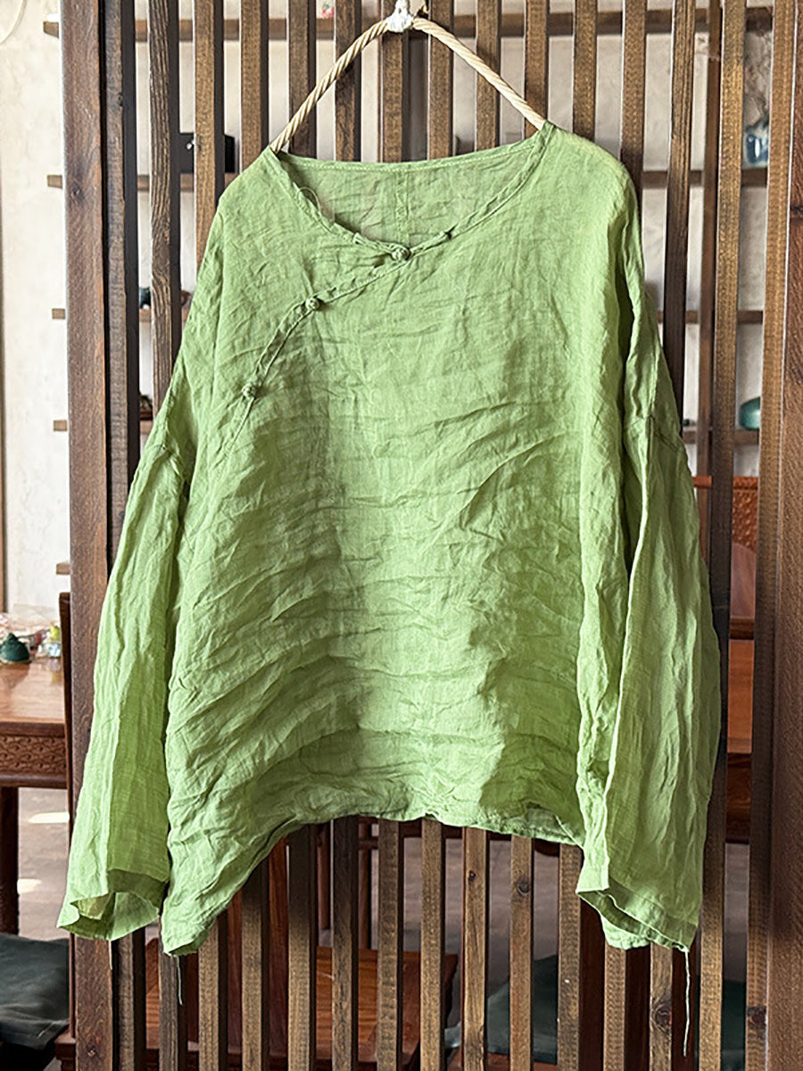 Shirt Women Floral O-Neck Ramie Summer Artsy