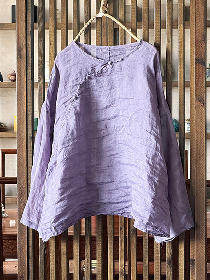 Shirt Women Floral O-Neck Ramie Summer Artsy