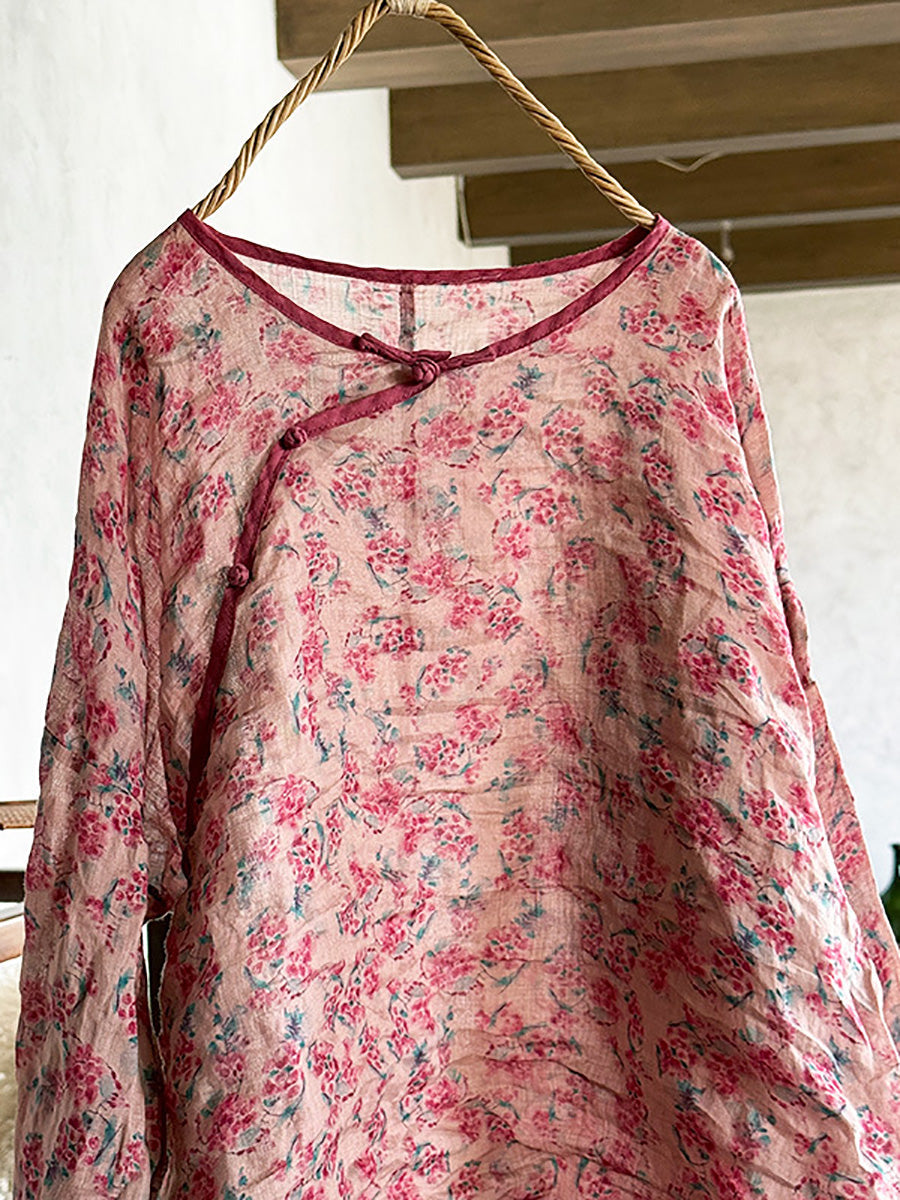 Shirt Women Floral O-Neck Ramie Summer Artsy