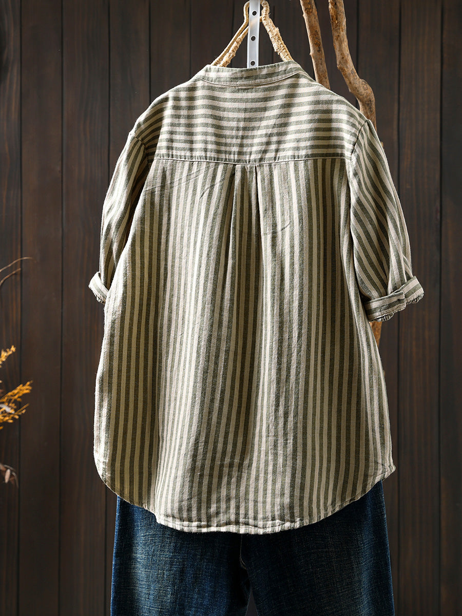 V-Neck Casual 100%Cotton Women Stripe Shirt Summer
