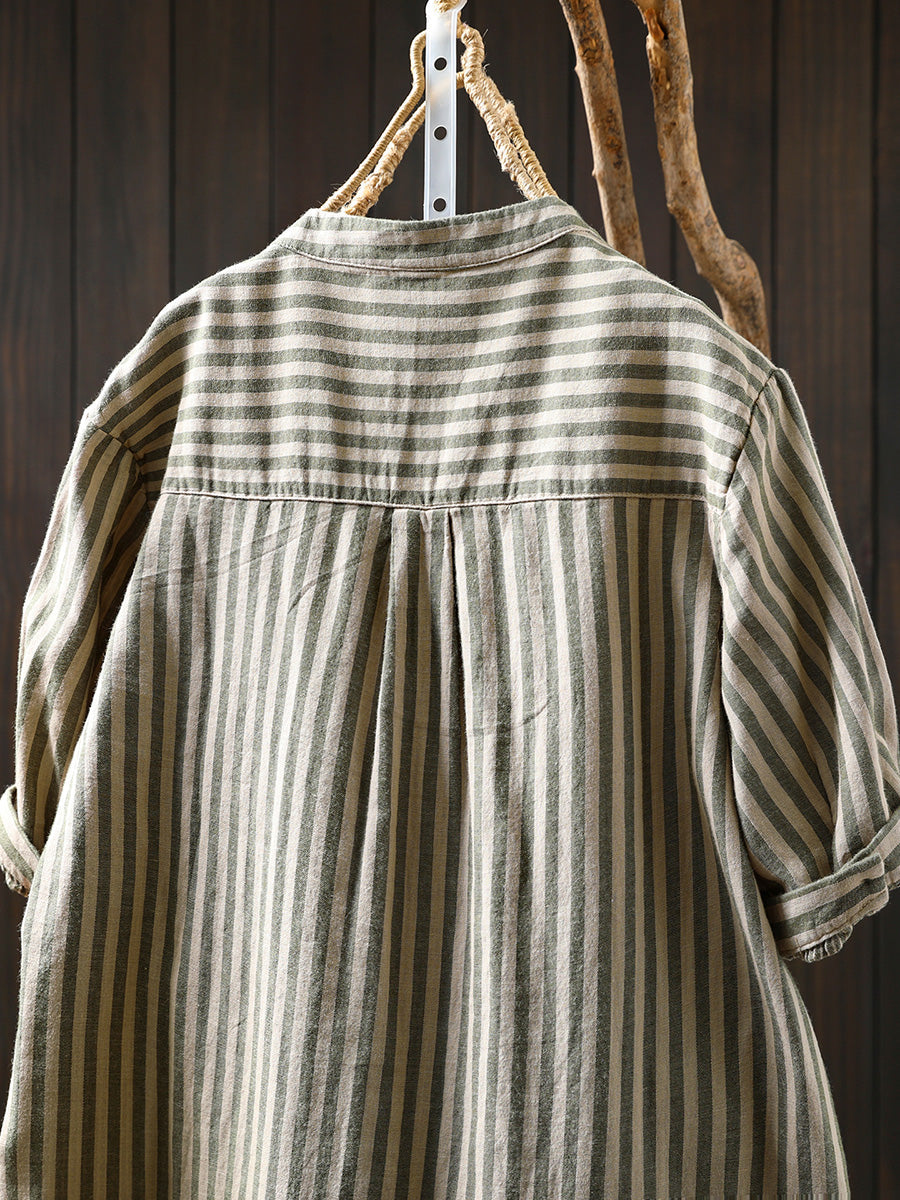 V-Neck Casual 100%Cotton Women Stripe Shirt Summer