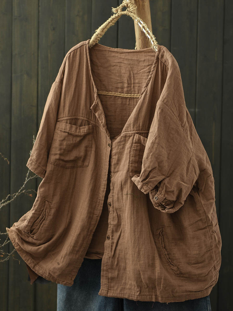 Pure Women Worn Color V-Neck Summer Cotton Shirt