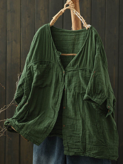 Pure Women Worn Color V-Neck Summer Cotton Shirt