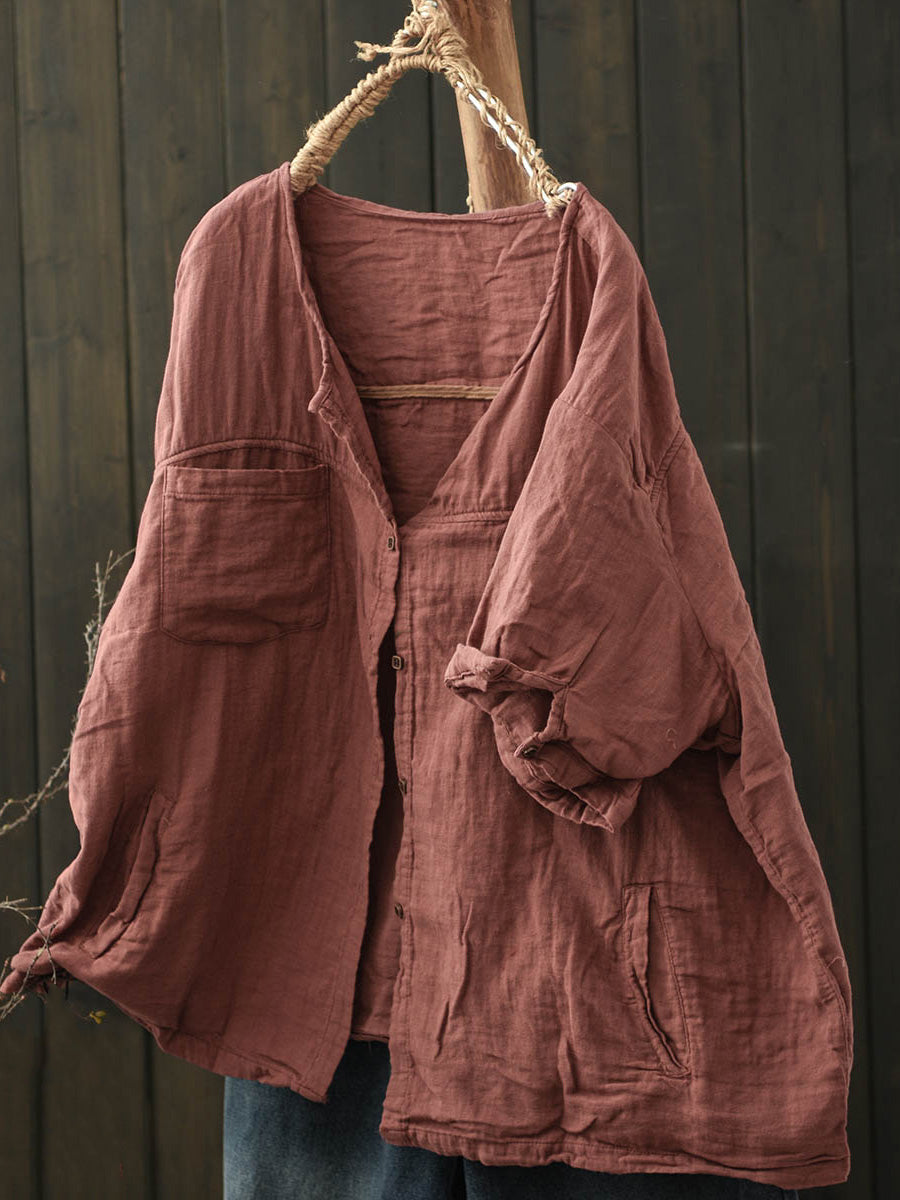 Pure Women Worn Color V-Neck Summer Cotton Shirt