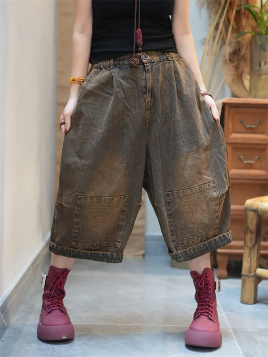Women Denim Pants Wide-leg Worn Cropped