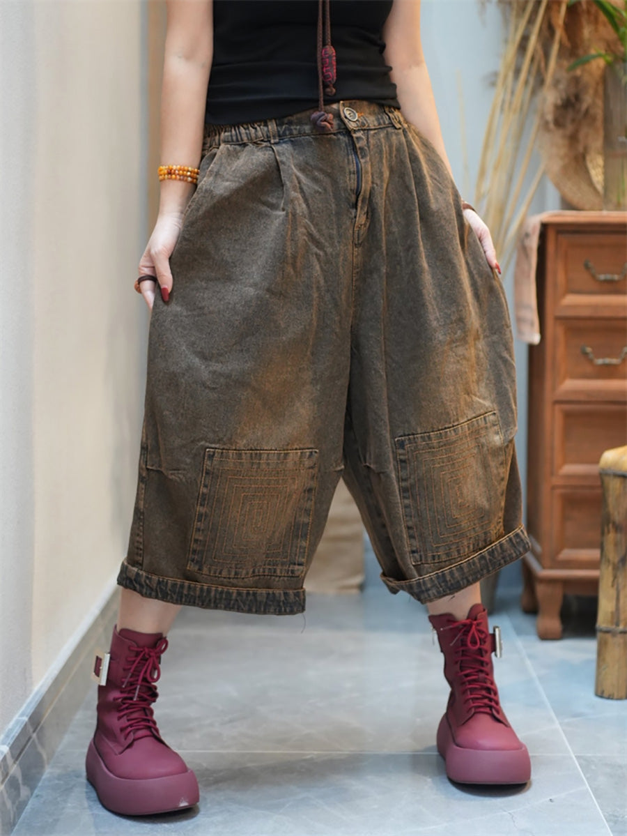 Women Denim Pants Wide-leg Worn Cropped