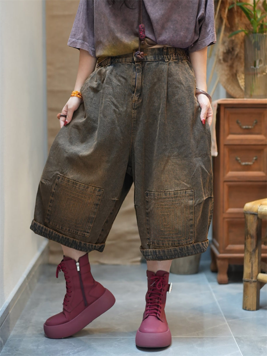 Women Denim Pants Wide-leg Worn Cropped