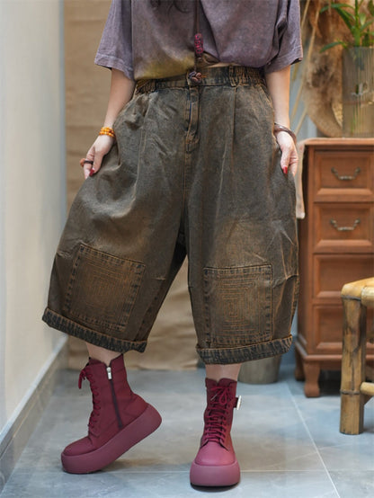 Women Denim Pants Wide-leg Worn Cropped
