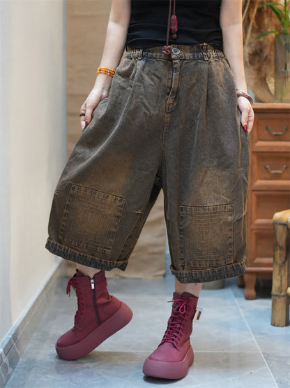 Women Denim Pants Wide-leg Worn Cropped