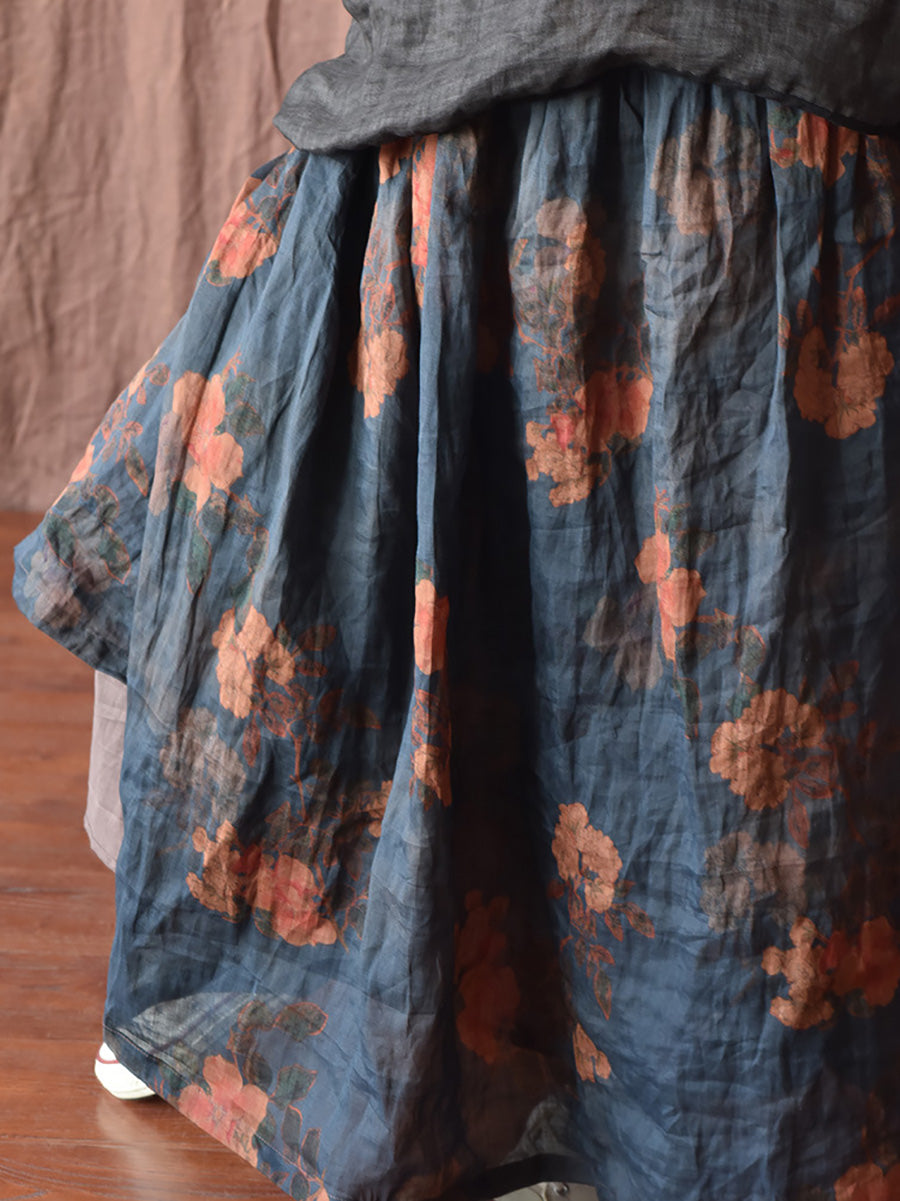 Skirt Ramie Flower Women Summer Loose Vintage