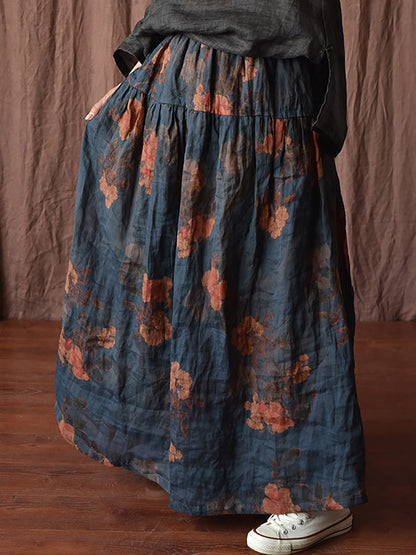Skirt Ramie Flower Women Summer Loose Vintage