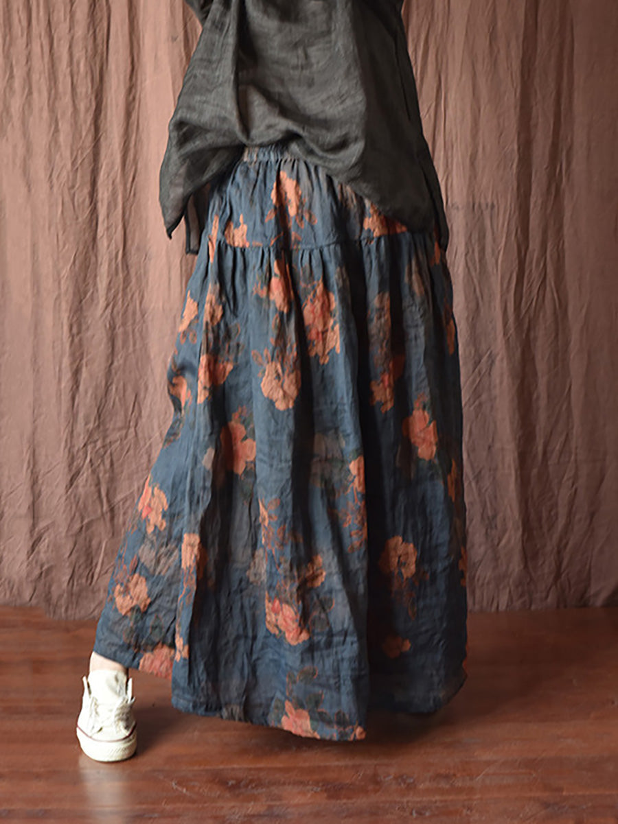Skirt Ramie Flower Women Summer Loose Vintage