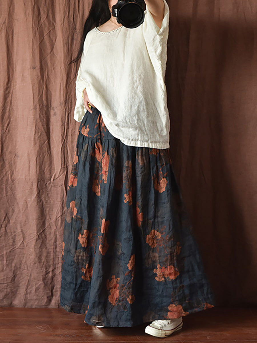Skirt Ramie Flower Women Summer Loose Vintage