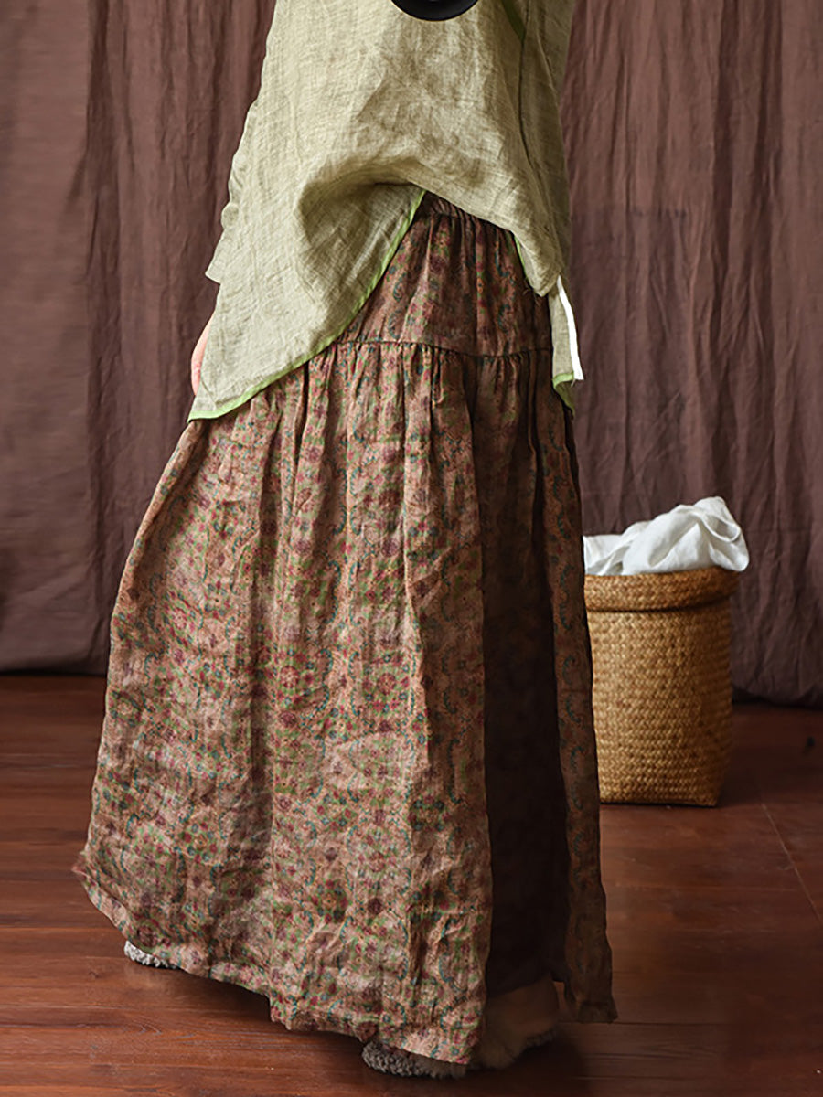 Skirt Ramie Flower Women Summer Loose Vintage
