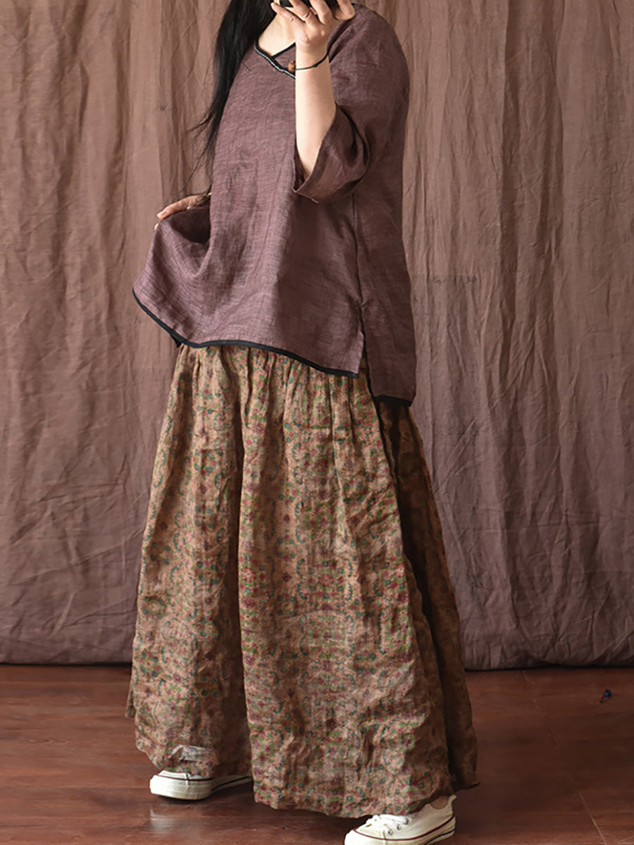 Skirt Ramie Flower Women Summer Loose Vintage