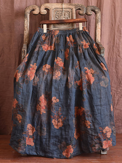Skirt Ramie Flower Women Summer Loose Vintage