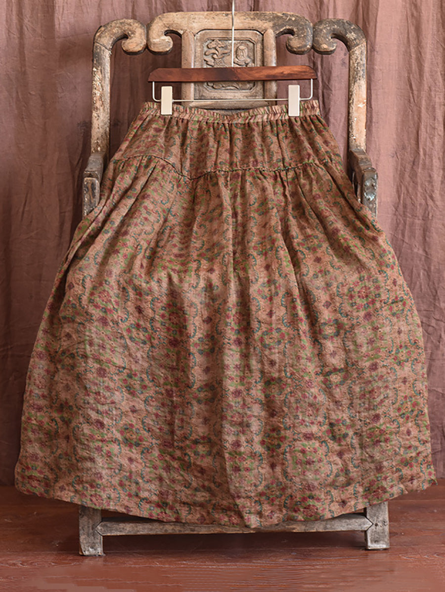 Skirt Ramie Flower Women Summer Loose Vintage