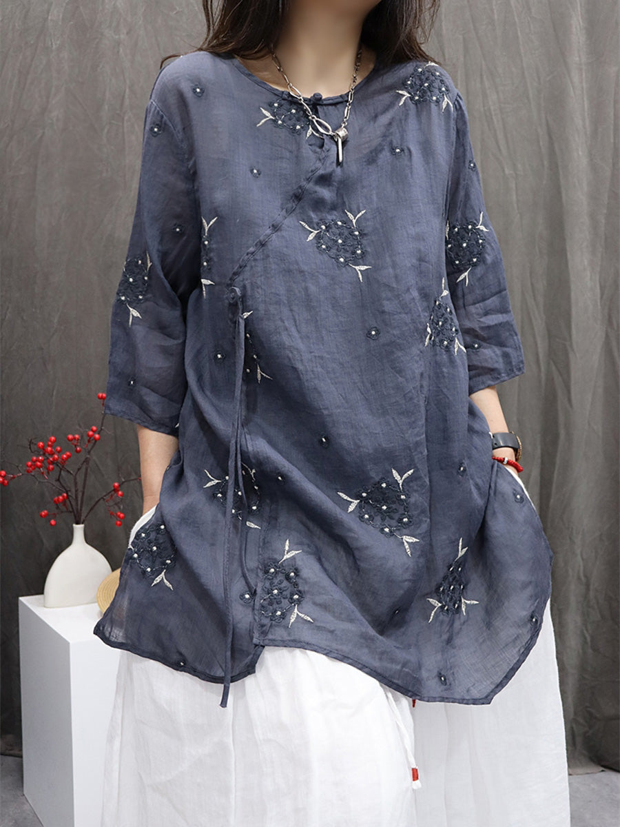 Shirt Embroidery Flower 100%Ramie Summer Women O-Neck