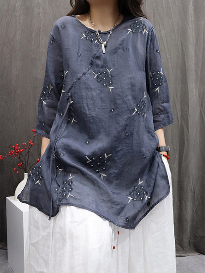 Shirt Embroidery Flower 100%Ramie Summer Women O-Neck