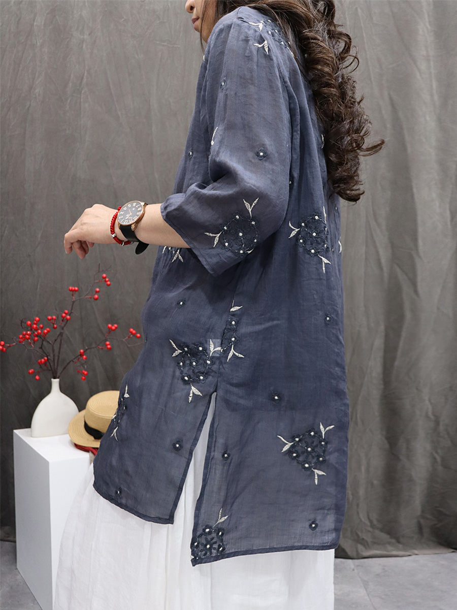 Shirt Embroidery Flower 100%Ramie Summer Women O-Neck