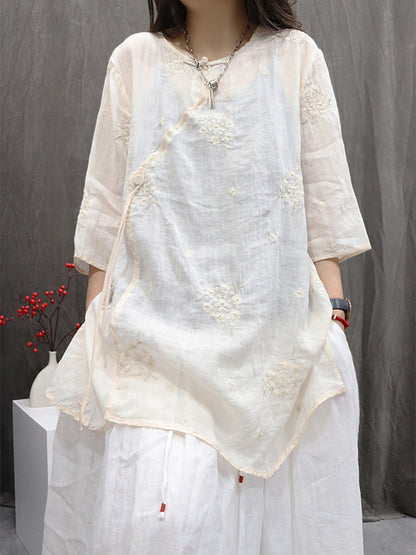 Shirt Embroidery Flower 100%Ramie Summer Women O-Neck