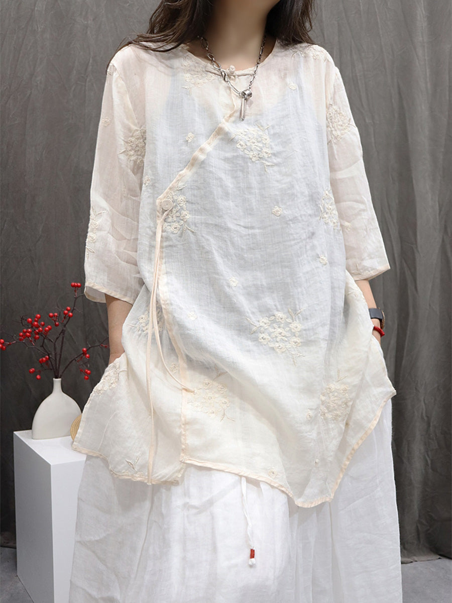 Shirt Embroidery Flower 100%Ramie Summer Women O-Neck
