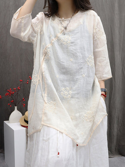 Shirt Embroidery Flower 100%Ramie Summer Women O-Neck