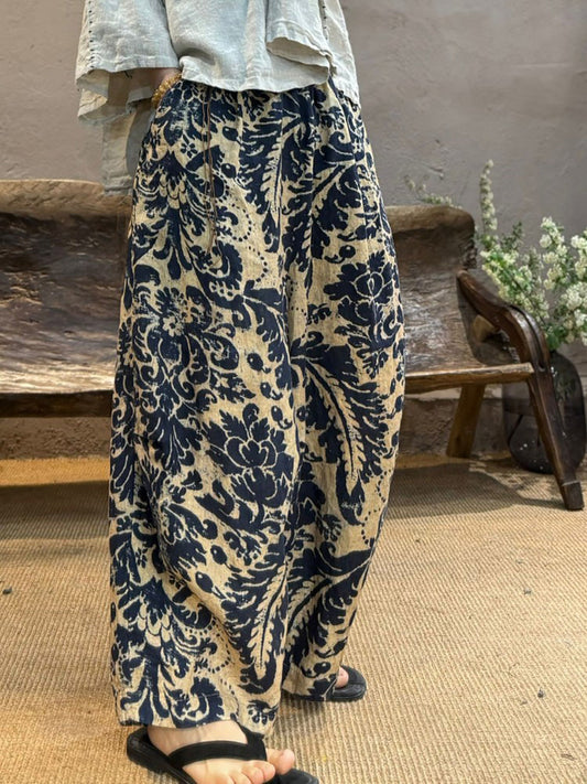 Retro Women Linen Flower Pants Summer Wide-leg