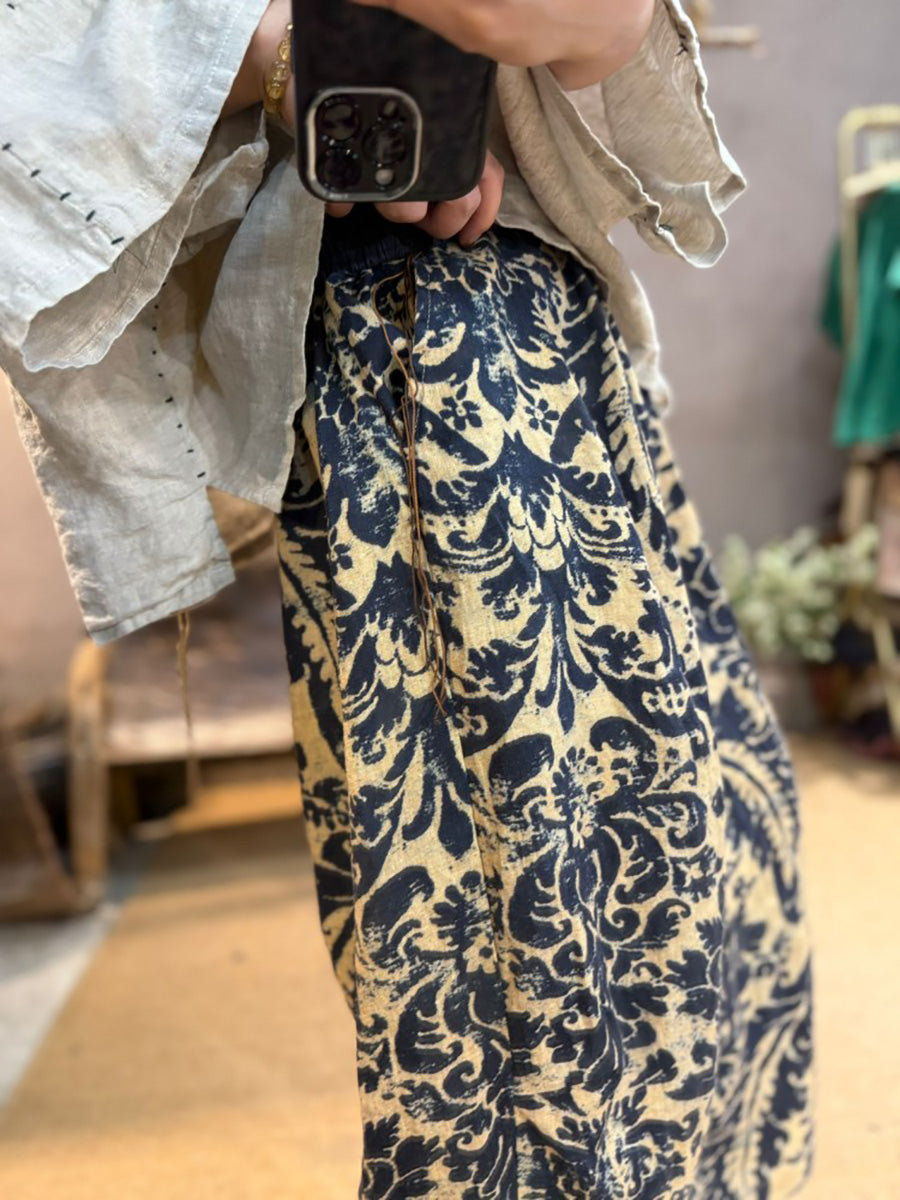 Retro Women Linen Flower Pants Summer Wide-leg