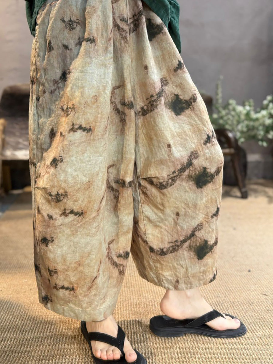 Retro Women Linen Flower Pants Summer Wide-leg