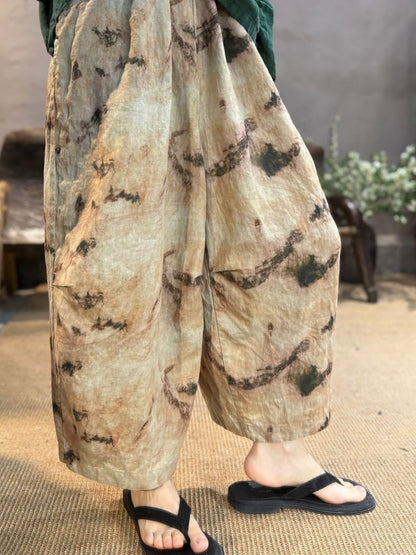 Retro Women Linen Flower Pants Summer Wide-leg