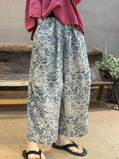 Retro Women Linen Flower Pants Summer Wide-leg