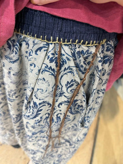 Retro Women Linen Flower Pants Summer Wide-leg