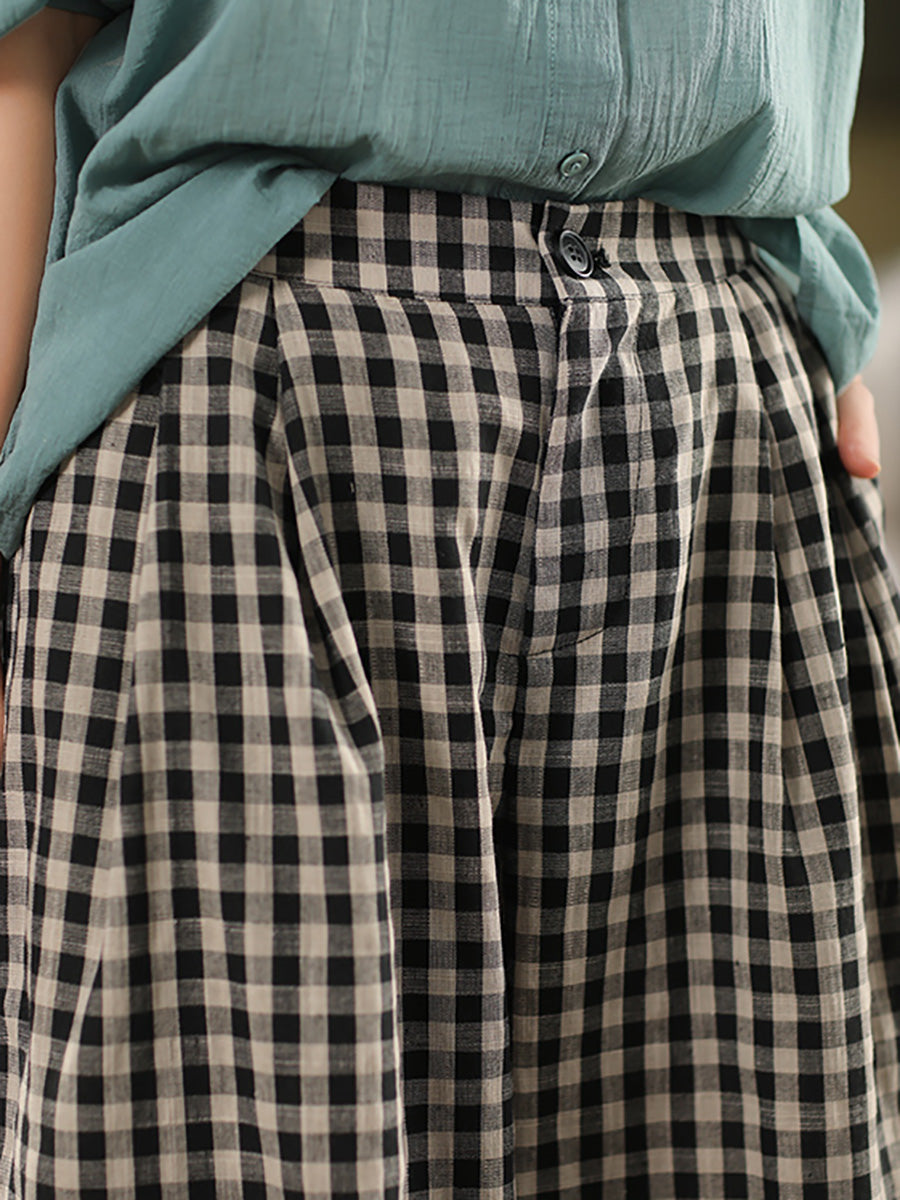 Pants Summer Women Cotton Wide-leg Vintage Plaid