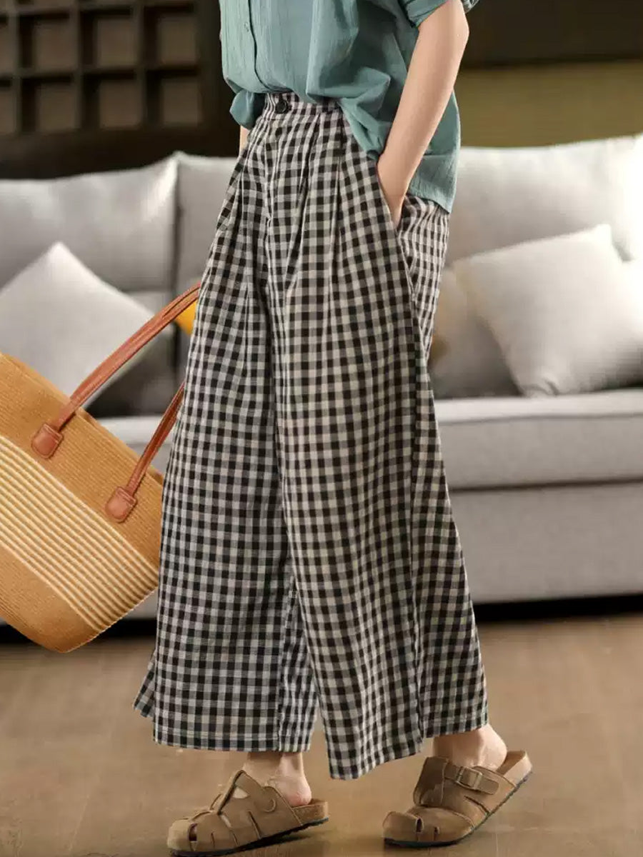 Pants Summer Women Cotton Wide-leg Vintage Plaid