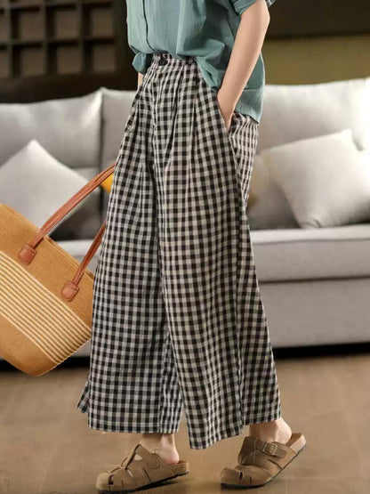 Pants Summer Women Cotton Wide-leg Vintage Plaid