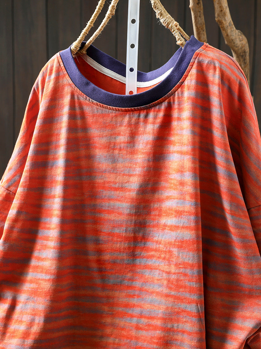 Women Stripe Colorblock Summer Shirt O-Neck Casual