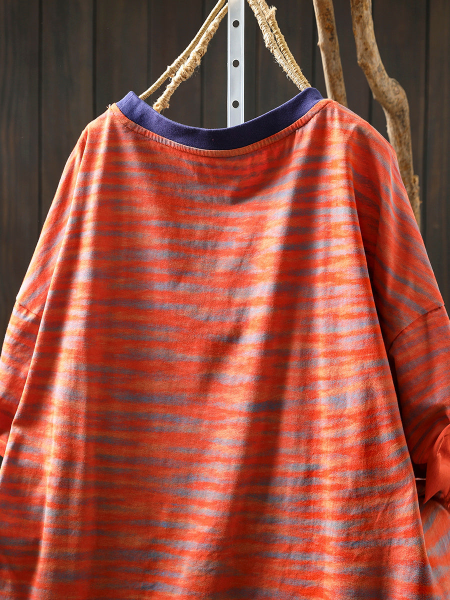 Women Stripe Colorblock Summer Shirt O-Neck Casual