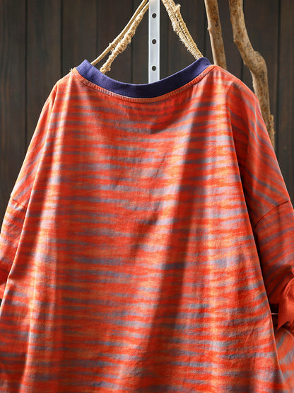 Women Stripe Colorblock Summer Shirt O-Neck Casual