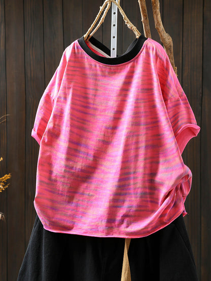 Women Stripe Colorblock Summer Shirt O-Neck Casual