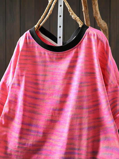 Women Stripe Colorblock Summer Shirt O-Neck Casual
