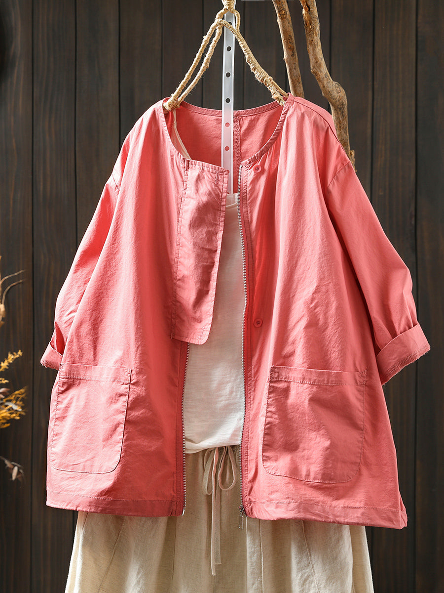 Coat O-Neck Women Color Shirt Zipper Summer Pure