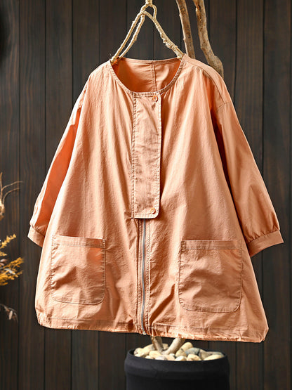 Coat O-Neck Women Color Shirt Zipper Summer Pure